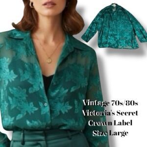 Victoria's Secret Crown Label Vintage Lingerie Blouse Emerald Floral Sheer - L